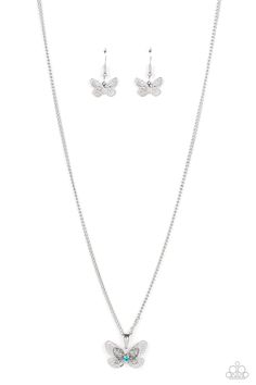 High Flying Fashion Silver Butterfly w/Turquoise Gem Center Necklace