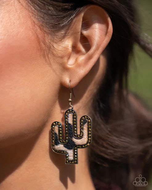 Western Worth Earrings Brass - Cactus w/cow-print