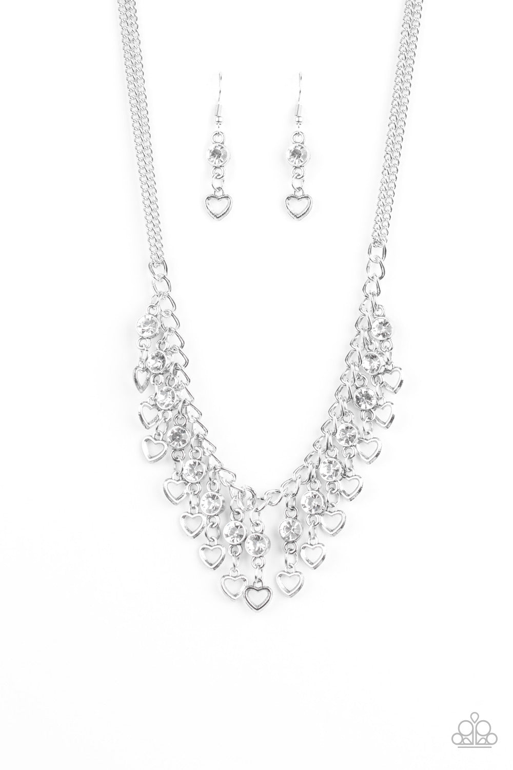 Valentines Day Drama - Silver w/White Rhinestones Heart Necklace