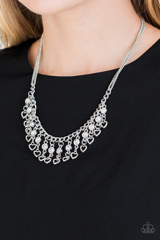 Valentines Day Drama - Silver w/White Rhinestones Heart Necklace