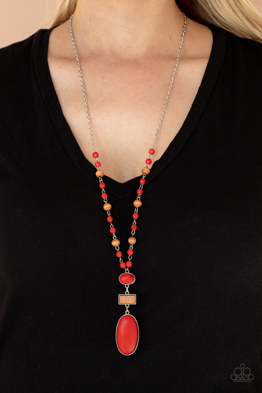 Naturally Essential - Silver w/Red & Wood Necklace