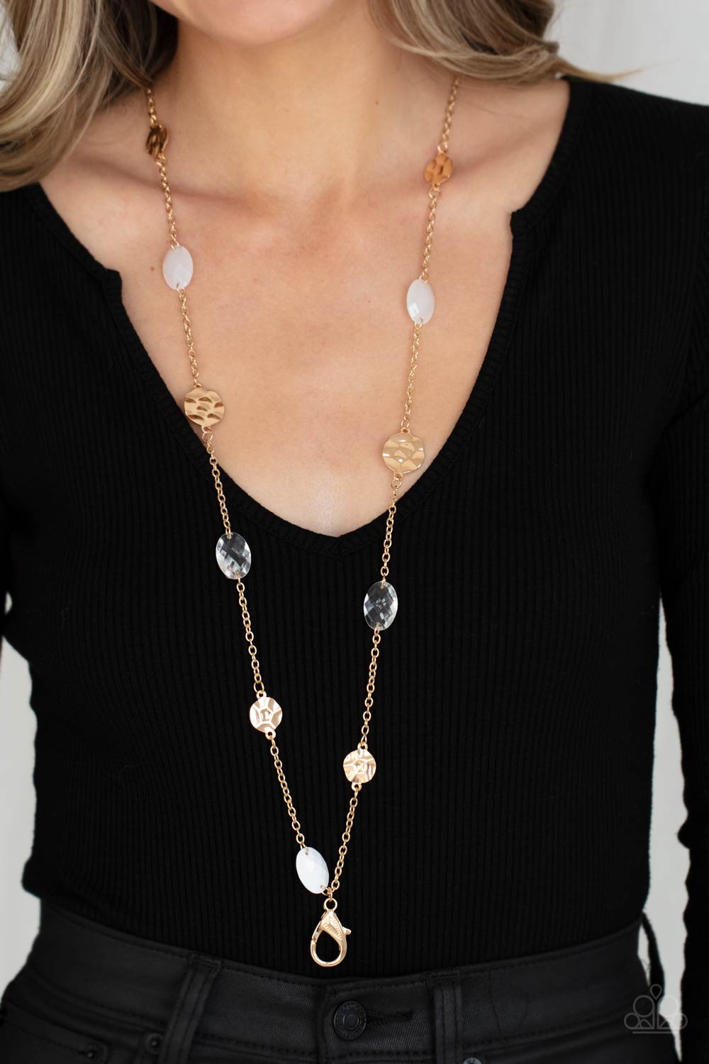 Glossy Glamorous - Gold with White Beads Lanyard