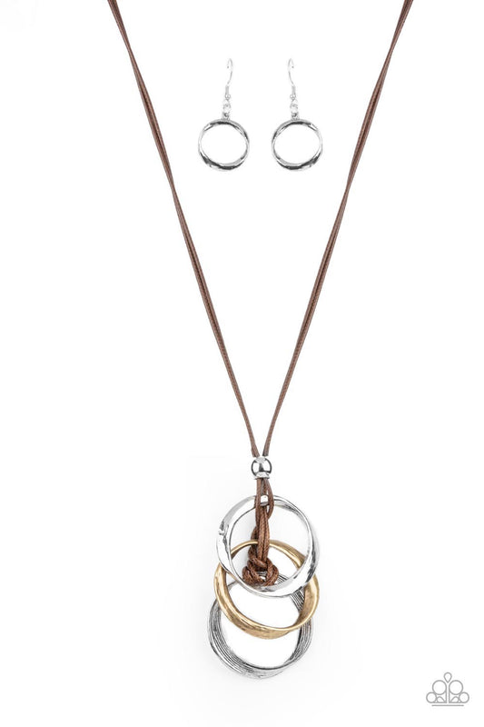 Harmonious Hardware - Brown Cord w/Silver & Brass Necklace