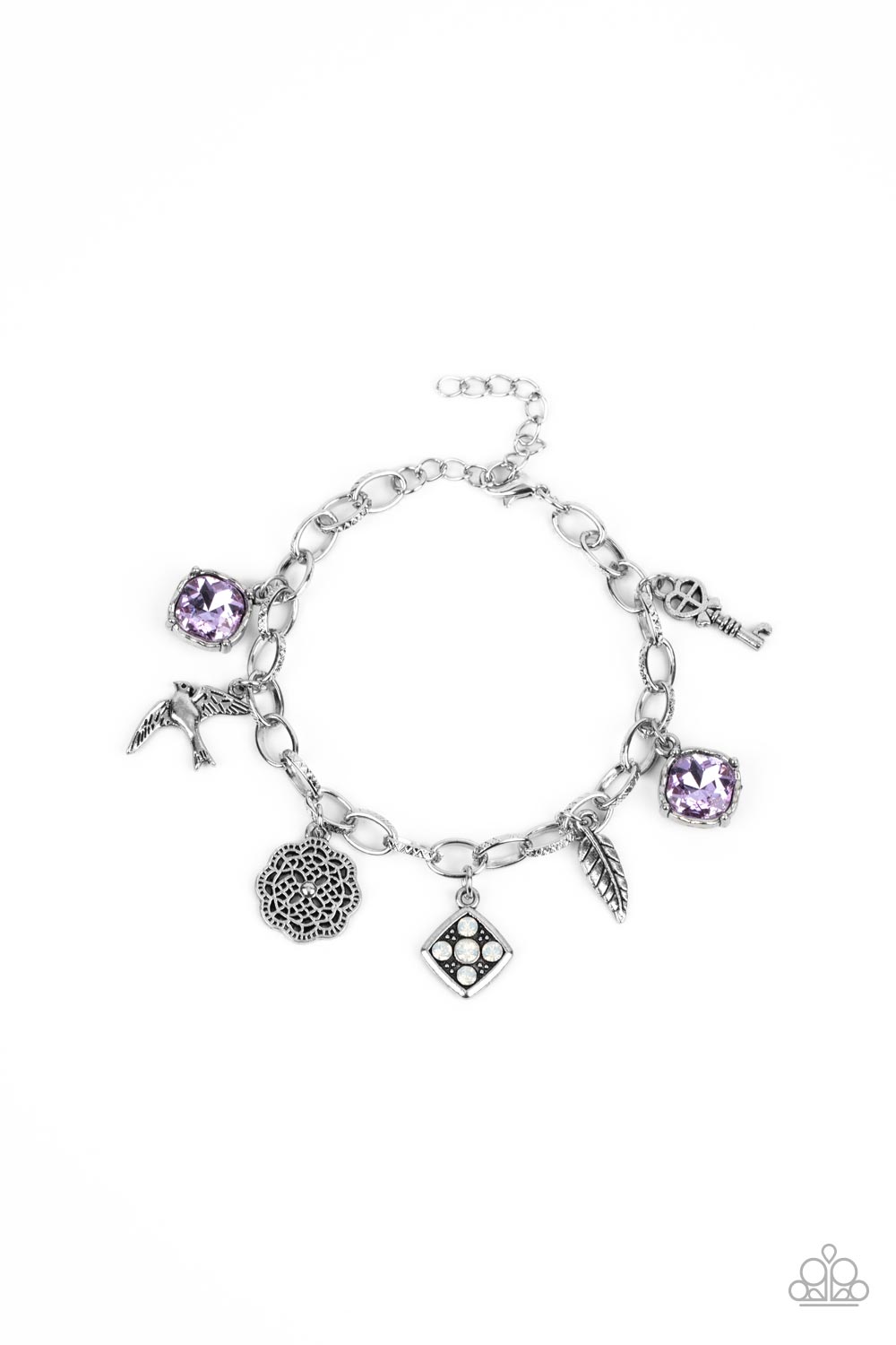 Fancifully Flighty - Silver with Charms & Purple Gems Bracelet