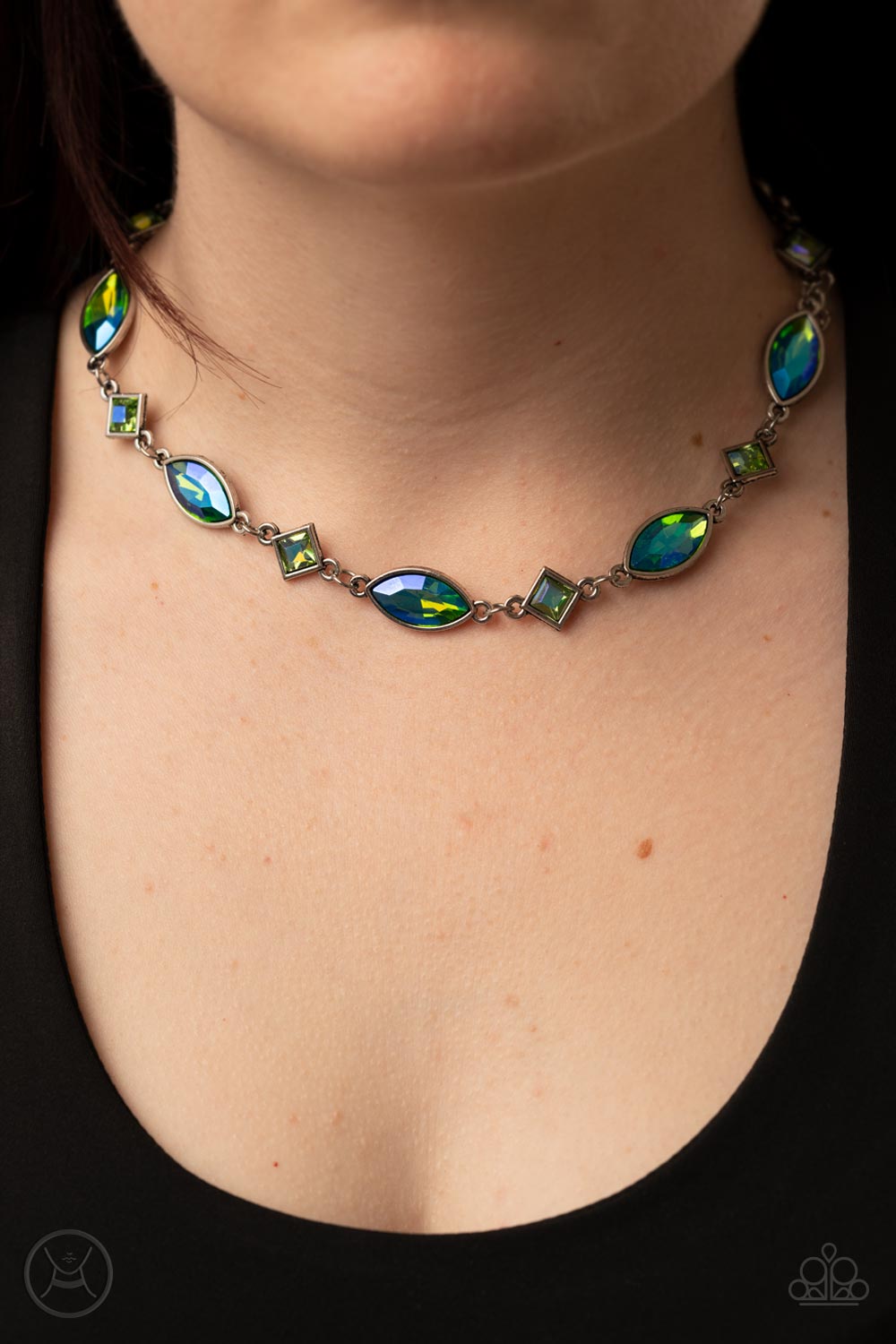 Prismatic Reinforcements - Silver with/Green-Blue Necklace (oilspill)