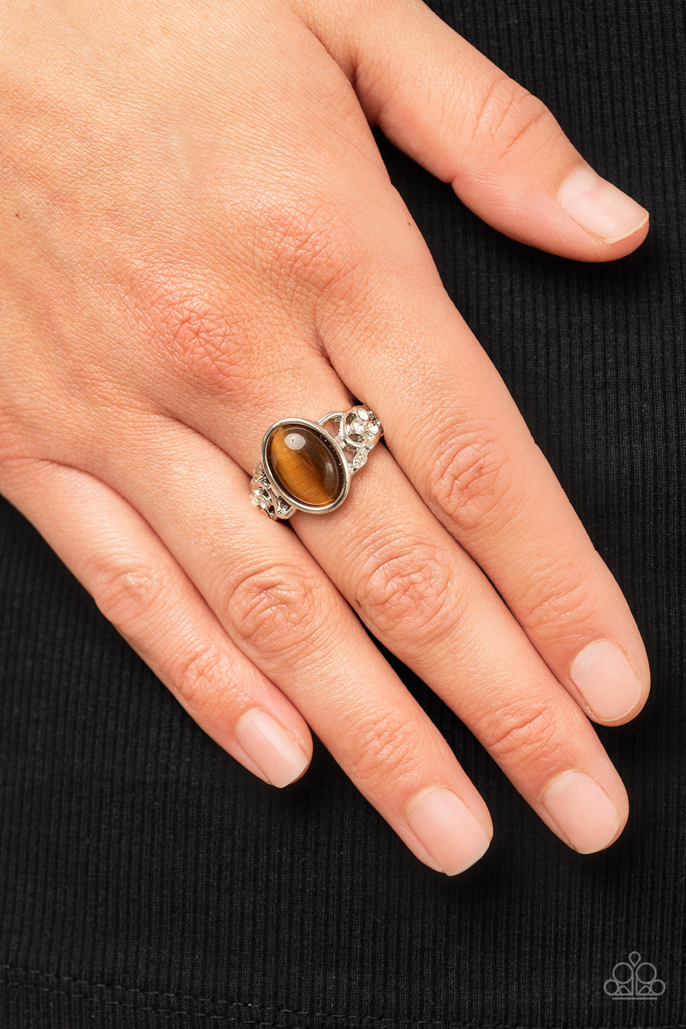 Crystals and Cats Eye - Silver w/Brown Ring