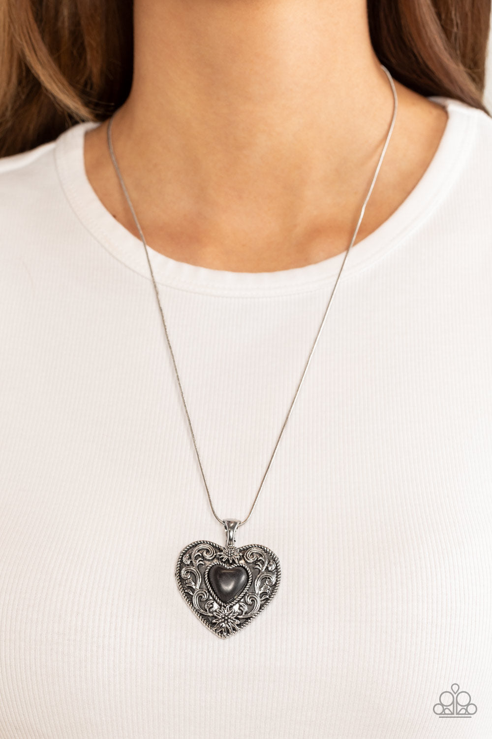 Wholeheartedly Whimsical - Silver w/Black Heart Necklace