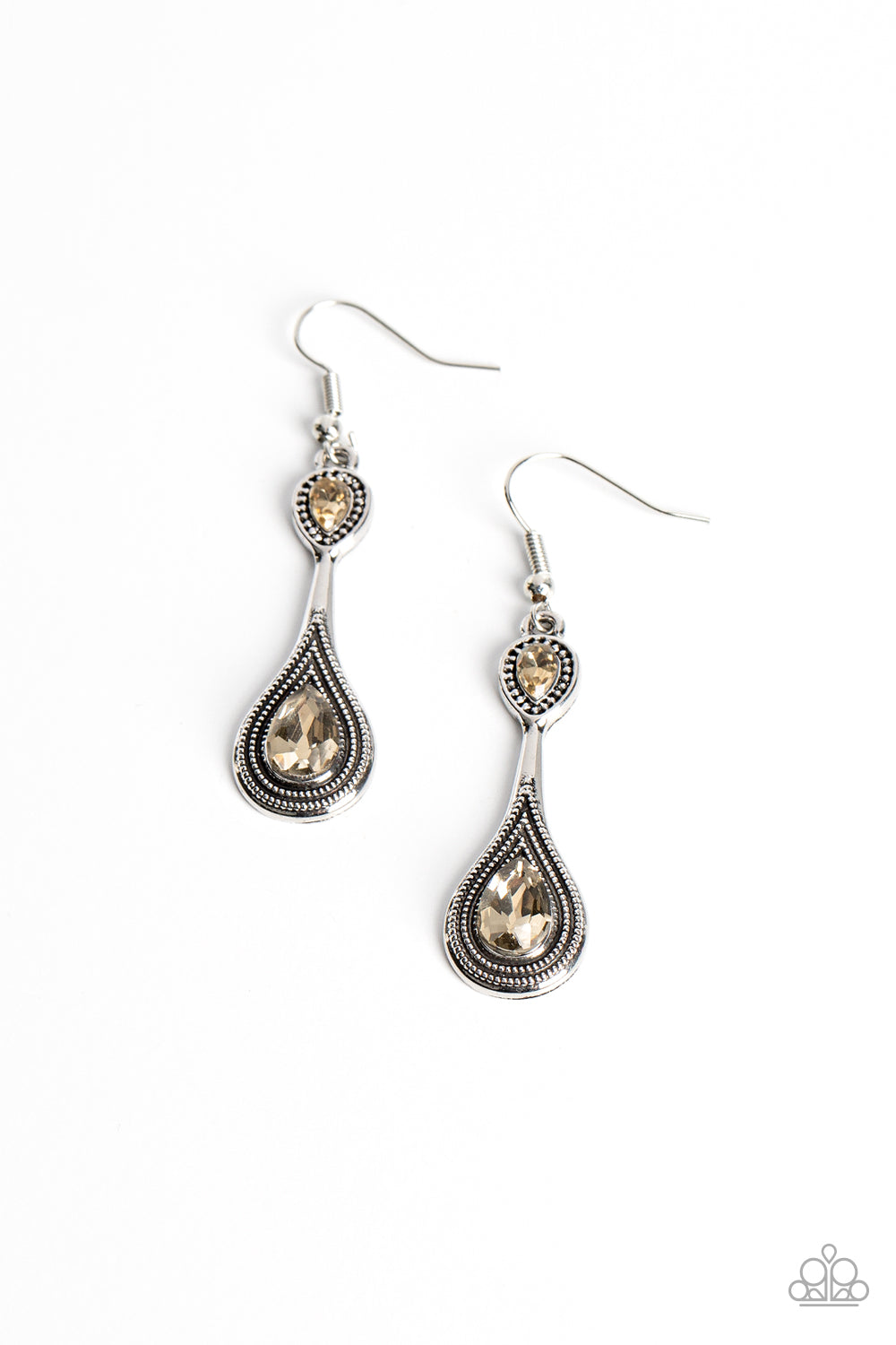 Dazzling Droplets  Earrings - Silver w/Brown Gems