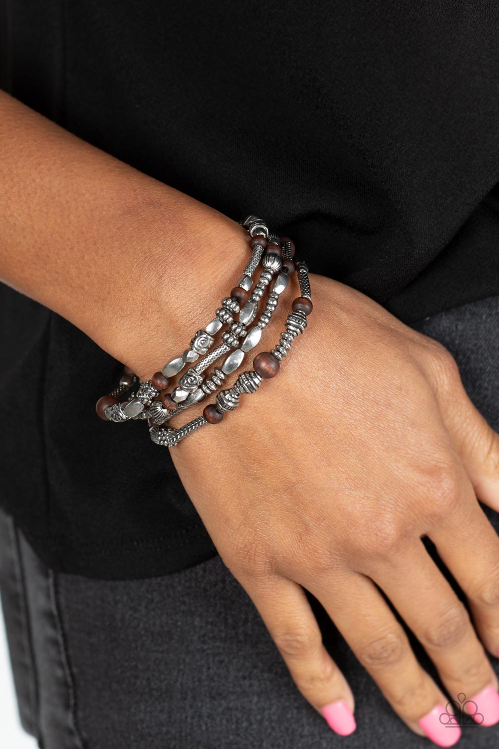 Jungle Jubilee - Silver with Brown Wood Beads Bracelet