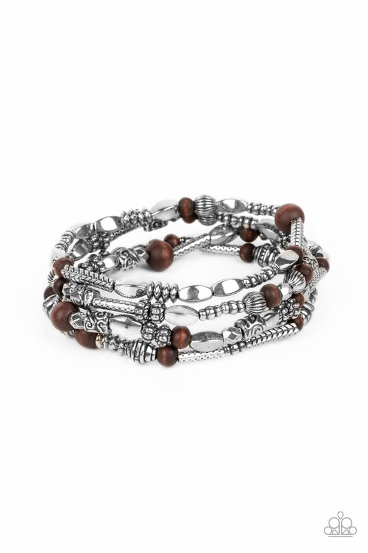 Jungle Jubilee - Silver with Brown Wood Beads Bracelet