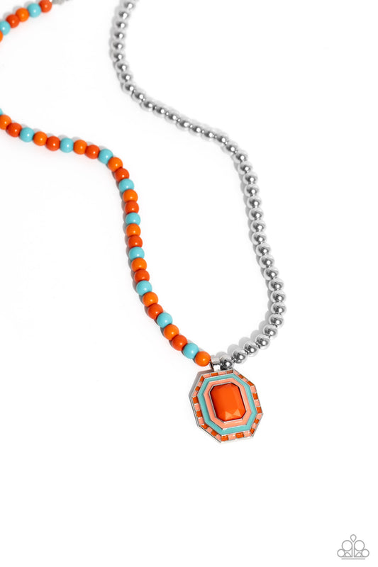 Contrasting Candy Necklace - Silver w/Orange & Turquoise Stone