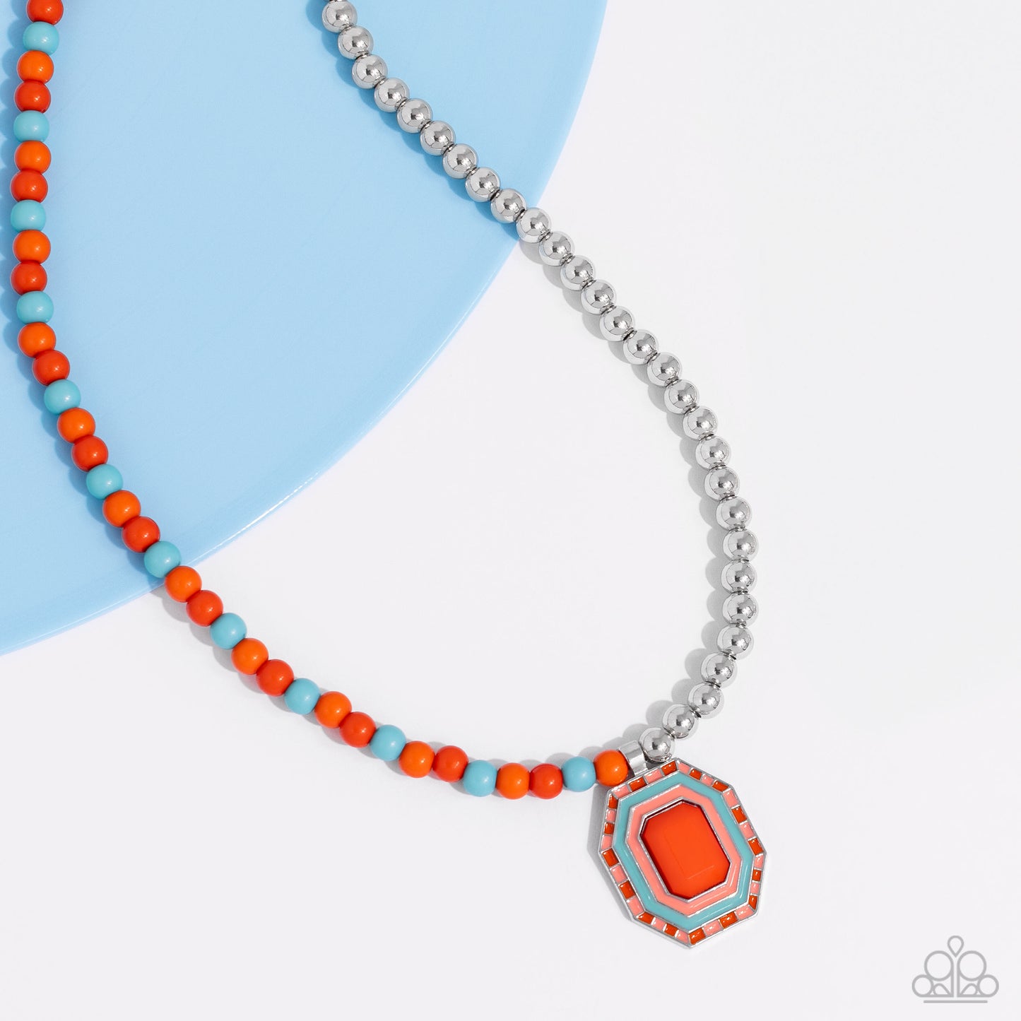Contrasting Candy Necklace - Silver w/Orange & Turquoise Stone