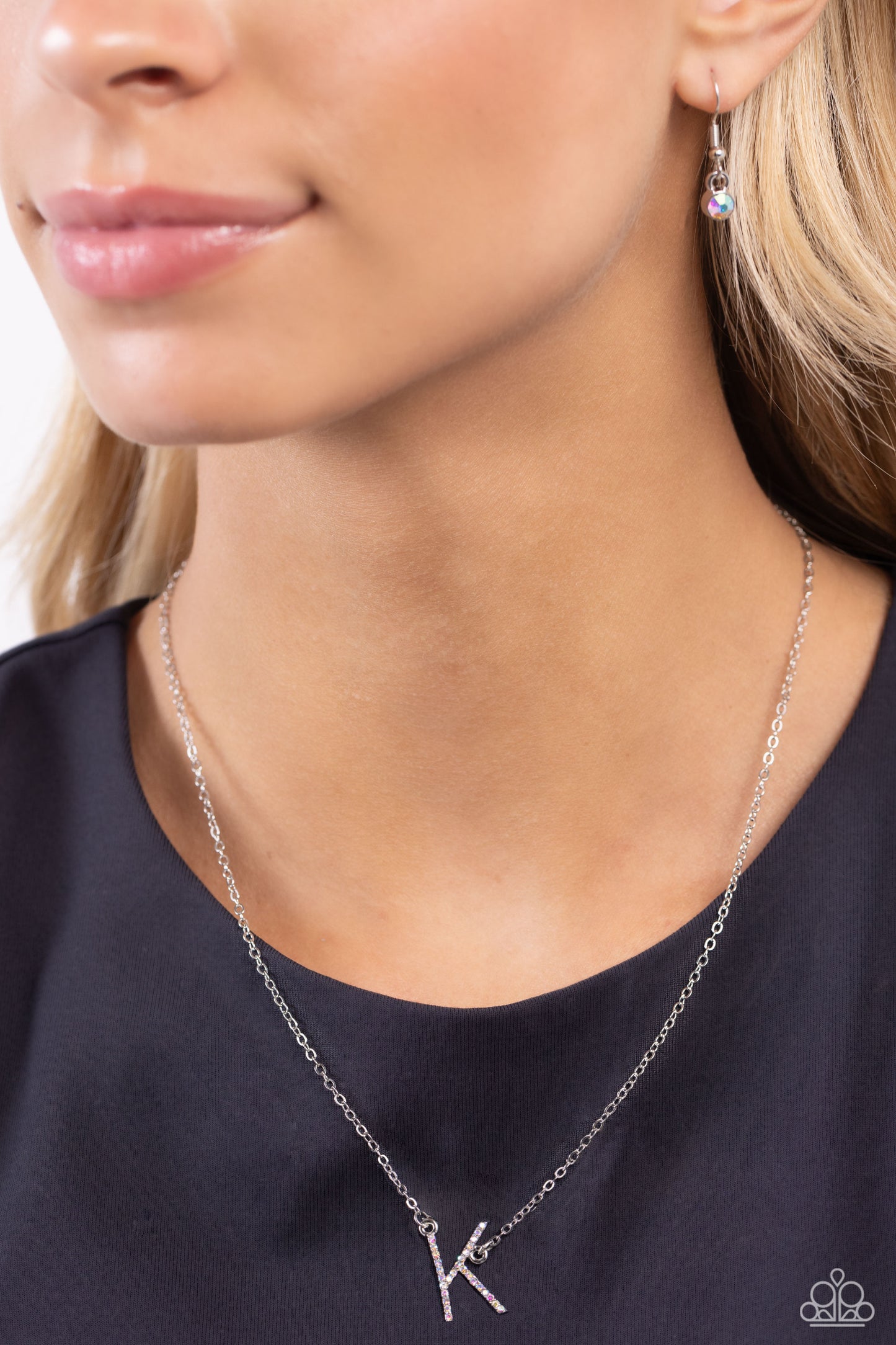 INITIALLY Yours Necklace - K - Silver w/iridescent rhinestones