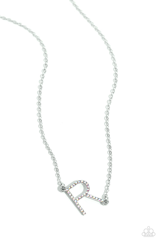INITIALLY Yours  Necklace- R - Silver w/iridescent rhinestones