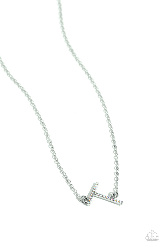 INITIALLY Yours Necklace - T - Silver w/iridescent rhinestones