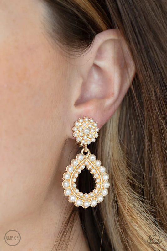 Discerning Droplets Gold and Pearls Clip-on Earrings - Paparazzi Accessories